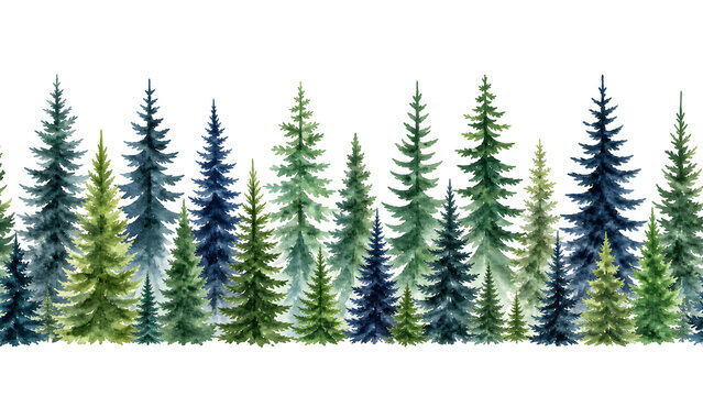 Seamless border of watercolor style pine and fir trees vector illustration