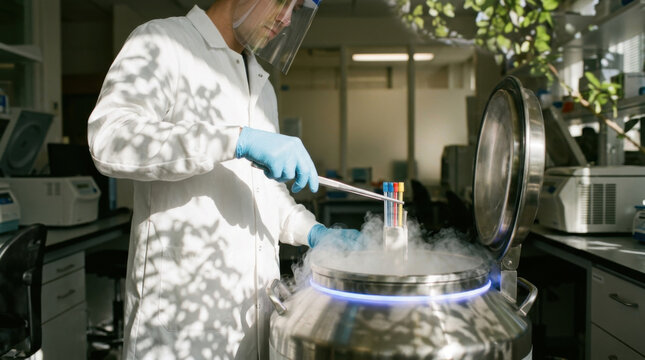 Laboratory technician cryogenic sample preservation with test tube and liquid nitrogen in sterile research room