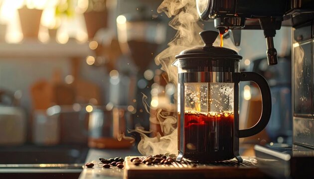 Steaming French coffee press on counter.