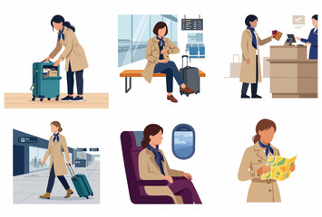 Fototapeta premium Set of business woman travel illustrations showing airport journey from packing to destination