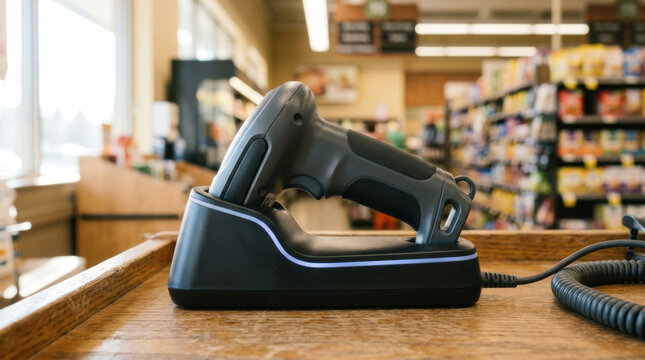 Barcode scanner supermarket handheld scanner close up checkout retail shelf counter store