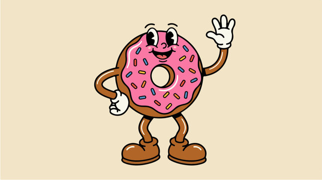 Cartoon Donut Character Waving with Happy Face.