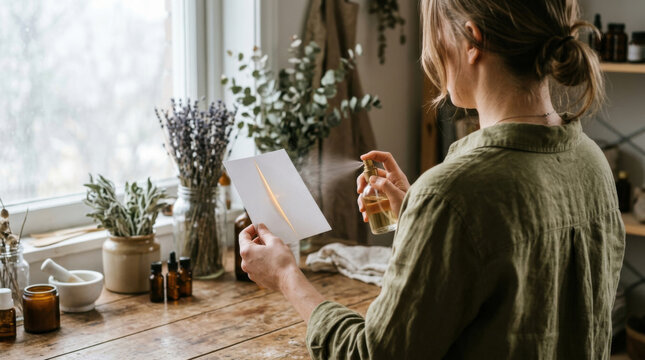 Botanical fragrance blotter test in studio beside window, calm craft scene with aroma bottle and paper strip