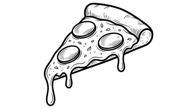 Delicious pepperoni pizza slice featuring melted cheese strings in a bold black and white line art