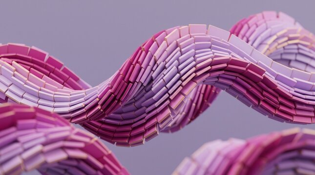 Abstract digital representation of smooth flowing waves made from numerous small pink and violet rectangular blocks arranged in a rhythmic pattern against a soft purple background