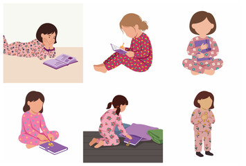 Set of illustrations of little girls in floral pajamas writing and reading their secret diaries and journals, childhood lifestyle concept