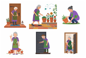 Fototapeta premium Senior woman character set engaged in gardening and home activities flat vector illustration