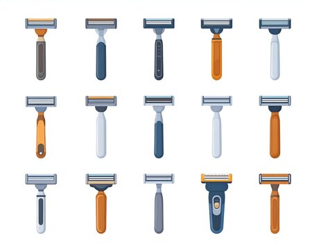 Set of multi-colored razor icons for grooming.