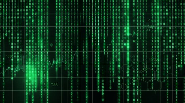 Green binary code falling on black background, digital matrix data stream, cyber security and hacking concept