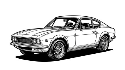 Fototapeta premium Vintage fastback sports car side view ink illustration.