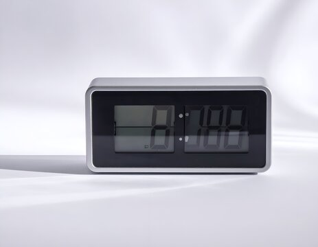 Silver rectangular digital desk clock showing eight o'clock.