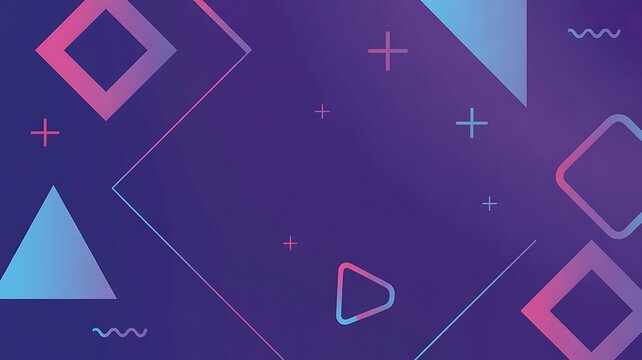 Modern geometric shapes with vibrant pink and blue outlines on a deep purple gradient