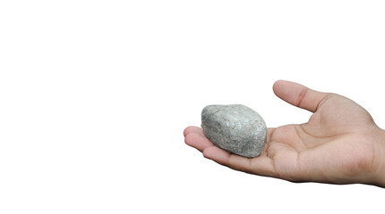 Human hand holding a natural gray stone rock in open palm isolated on transparent background © REZAUL