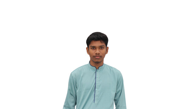 Young Asian man in traditional green panjabi kurta standing isolated on transparent background