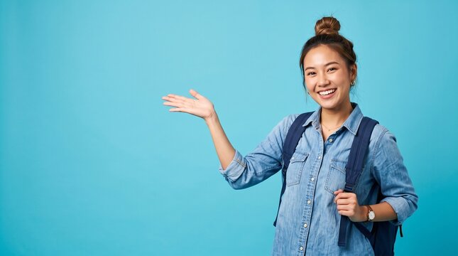 A smiling young Asian student wearing a denim shirt and carrying a backpack, gesturing with her open hand towards the blank space against a light blue background.