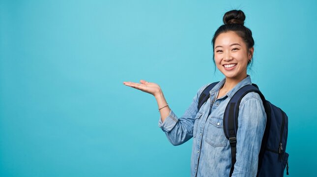 A smiling young Asian student with her hair in a bun, wearing a denim shirt and carrying a backpack, gestures towards empty space against a vibrant cyan blue background for advertisement placement.