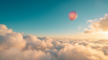 Fototapeta premium Minimalist conceptual photograph of a single pink balloon floating high in a blue sky above giant cumulus clouds at golden hour with generous copy space