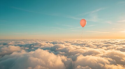 Fototapeta premium Minimalist concept of a single pink balloon floating high above a vast sea of clouds under a clear blue-teal sky with wide copy space