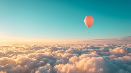 Obraz premium Minimalist conceptual photograph of a single peach balloon floating high above fluffy sunset clouds with bright turquoise sky and large copy space
