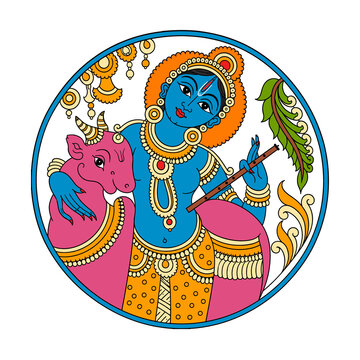 Traditional Indian Folk Art Illustration of Krishna Playing Flute .......