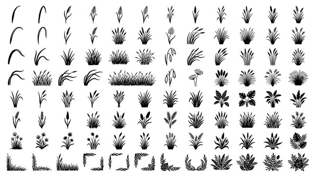  Meadow Garden Wild Grass Tufts Swamp Cattails Reeds and Dense Lawn Edging Bush Solid Black Silhouette Sheet