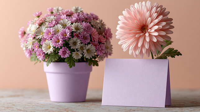 Pink and white chrysanthemums in pot with blank card photorealistic still life