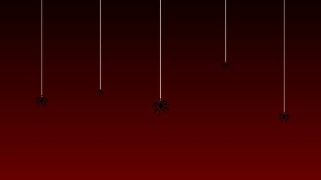 Animated black spiders hanging and moving on thin silk threads against a dark red gradient background