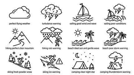 Fototapeta premium Set of weather and outdoor activity line icons for travel and recreation.