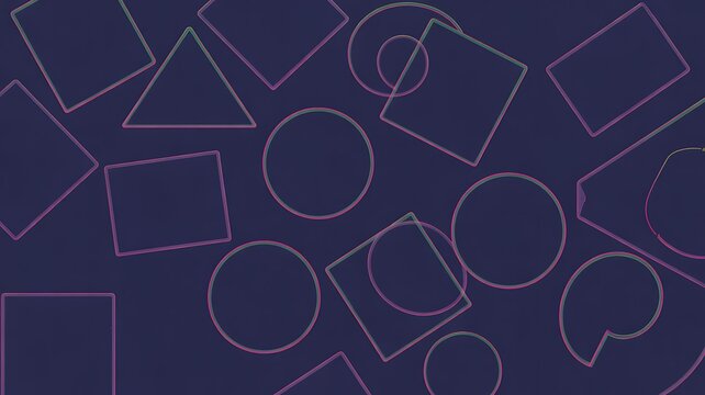 Overlapping outlines of squares circles and triangles create a complex geometric pattern on dark blue