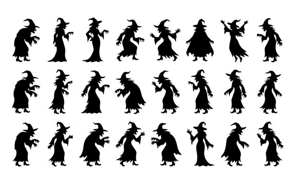 A comprehensive halloween vector bundle featuring various silhouette designs of scary witches in different poses for holiday graphic projects