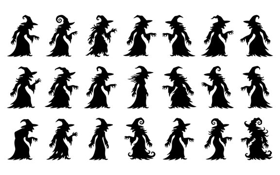 A comprehensive halloween vector bundle featuring various silhouettes of spooky witches with pointy hats for holiday design projects