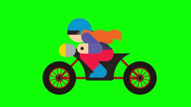 Motorcyclist driving fast on a sleek motorbike in this stylized flat 2D vector animation motion clip