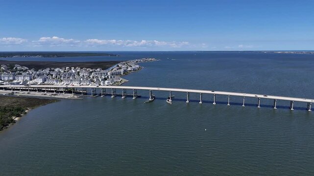Aerial view of Washington Baum Bridge spanning Roanoke Sound to connect Roanoke Island with Nags Head in Outer Banks, North Carolina.