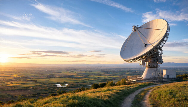 Large satellite dish antenna communication facility on hilltop landscape at sunset with satellite communication telescope astronomy technology landscape mountain observatory research