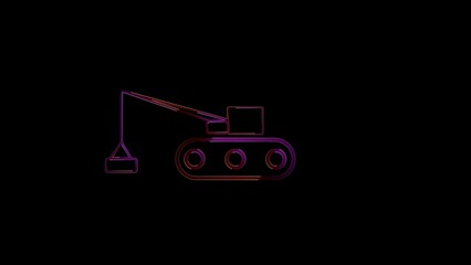 A colorful gradient line of a construction crane with purple and orange outlines on a black background symbolizing heavy machinery and industrial concepts. © Sadik Stock