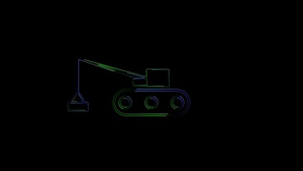 A gradient line of a construction crane with a blue and green outline on a black background symbolizing industrial operations and heavy lifting machinery. © Sadik Stock