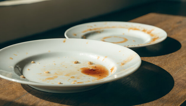 Empty Porcelain Plates with Food Residues and Stains
