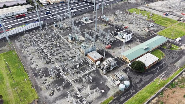 Electrical power substation infrastructure aerial view
