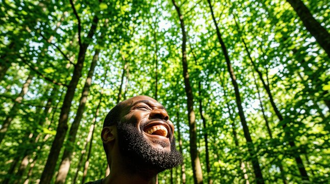 Cheerful black man laughs under tall green trees in sunlit forest. Happy african american guy enjoys nature, breathes fresh air, feeling relaxed, calm outdoors. Smiling male with beard looks up at
