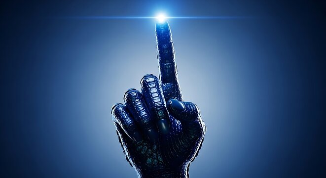 Scaled hand pointing at glowing blue light, digital concept