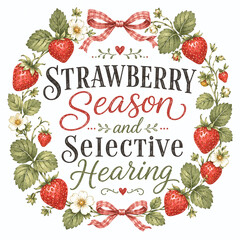 Naklejka premium Strawberry Season and Selective Hearing. Cottage farmhouse tea towel quote design with strawberry wreath, small ribbon accents and soft rustic palette, featuring feminine vintage typography