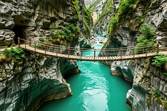 Wooden suspension bridge hangs over turquoise river water in deep rocky canyon. Stone cliffs tower above winding stream path between mountains. Travel adventure landscape shows rustic walkway