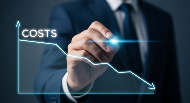 Businessman drawing a downward trending graph of costs, symbolizing cost reduction and financial success