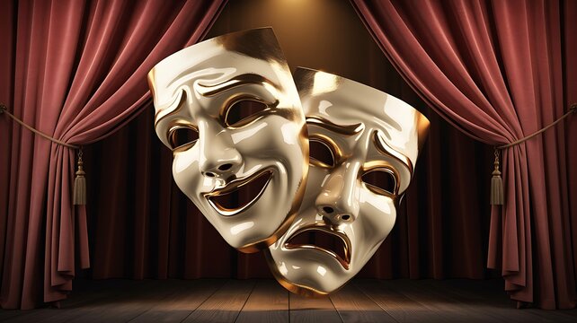 Golden comedy and tragedy masks floating on a theatrical stage with elegant red velvet drapes hanging
