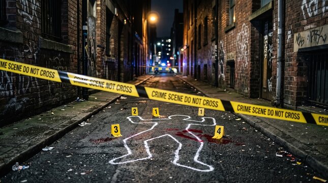 Chalk outline of a human body surrounded by numbered evidence markers inside a narrow dark urban alleyway cordoned off with bright yellow plastic crime tape