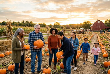 Obraz premium Multiracial family picking pumpkins at pumpkin patch golden hour
