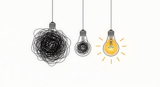 Light bulb idea concept illustration: tangled mess to bright idea