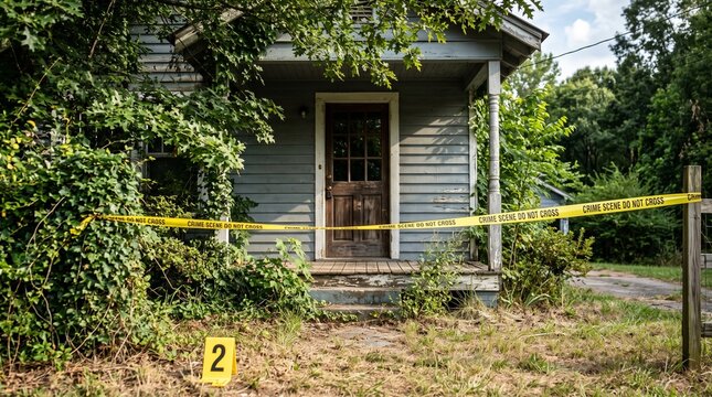 Dilapidated wooden house entrance cordoned off with yellow crime scene tape featuring evidence marker number two placed in the overgrown front lawn during daytime light