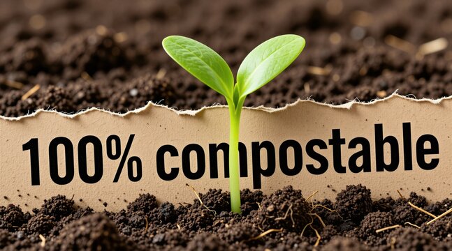 Green sprout grows from dark fertile soil near paper strip with text 100 percent compostable. Young plant germinates in earth. Small green seedling emerges from ground. Concept of nature conservation