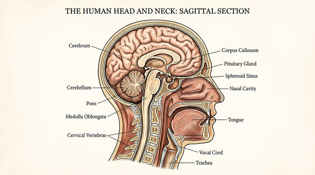 Sagittal section of human head and neck anatomy, labeled diagram